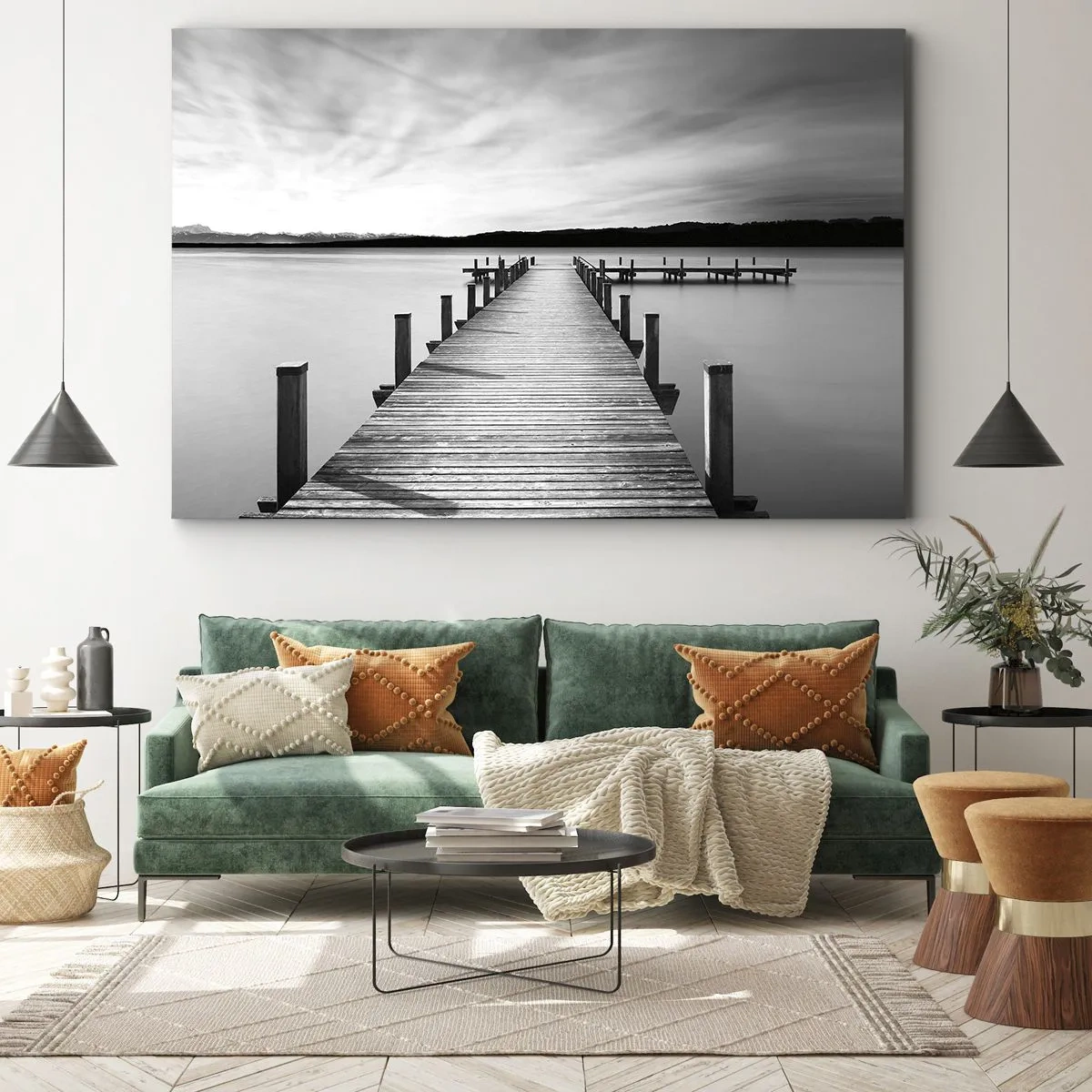 Impression sur toile - Image sur toile - Une jetée noire et blanche sur un lac calme - 70x50cm - Au point d'eau - la paix - Décoration murale moderne pour le salon et la chambre ARTTOR