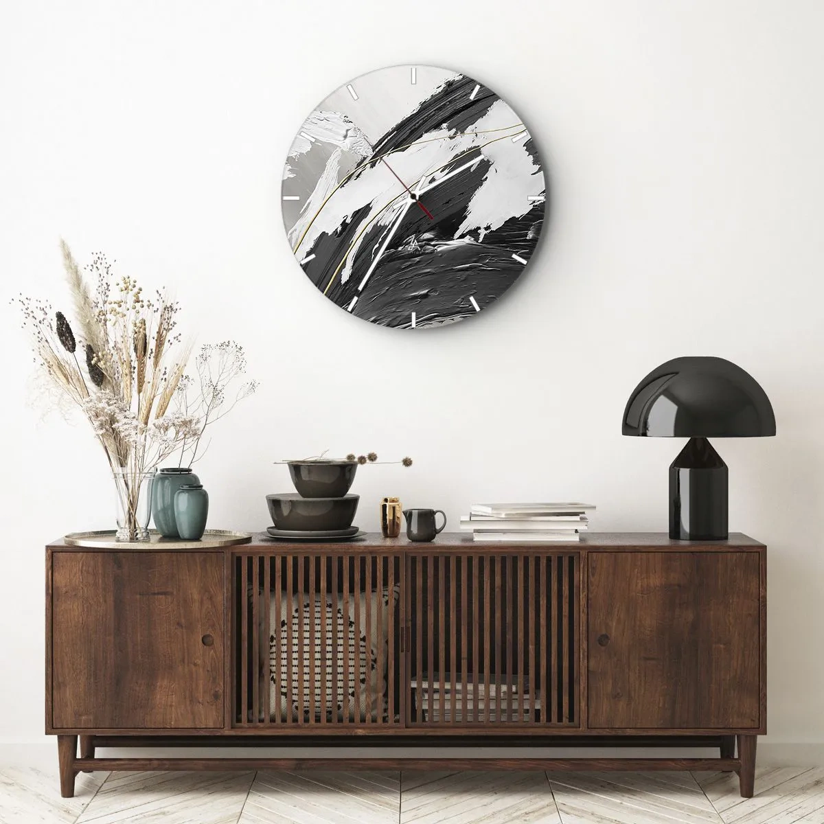 Horloge murale - Pendule murale - Coups de pinceau dynamiques en noir, blanc et gris - 30x30cm - L'abstraction à grande échelle - Décoration murale moderne pour le salon, la cuisine et la chambre ARTTOR