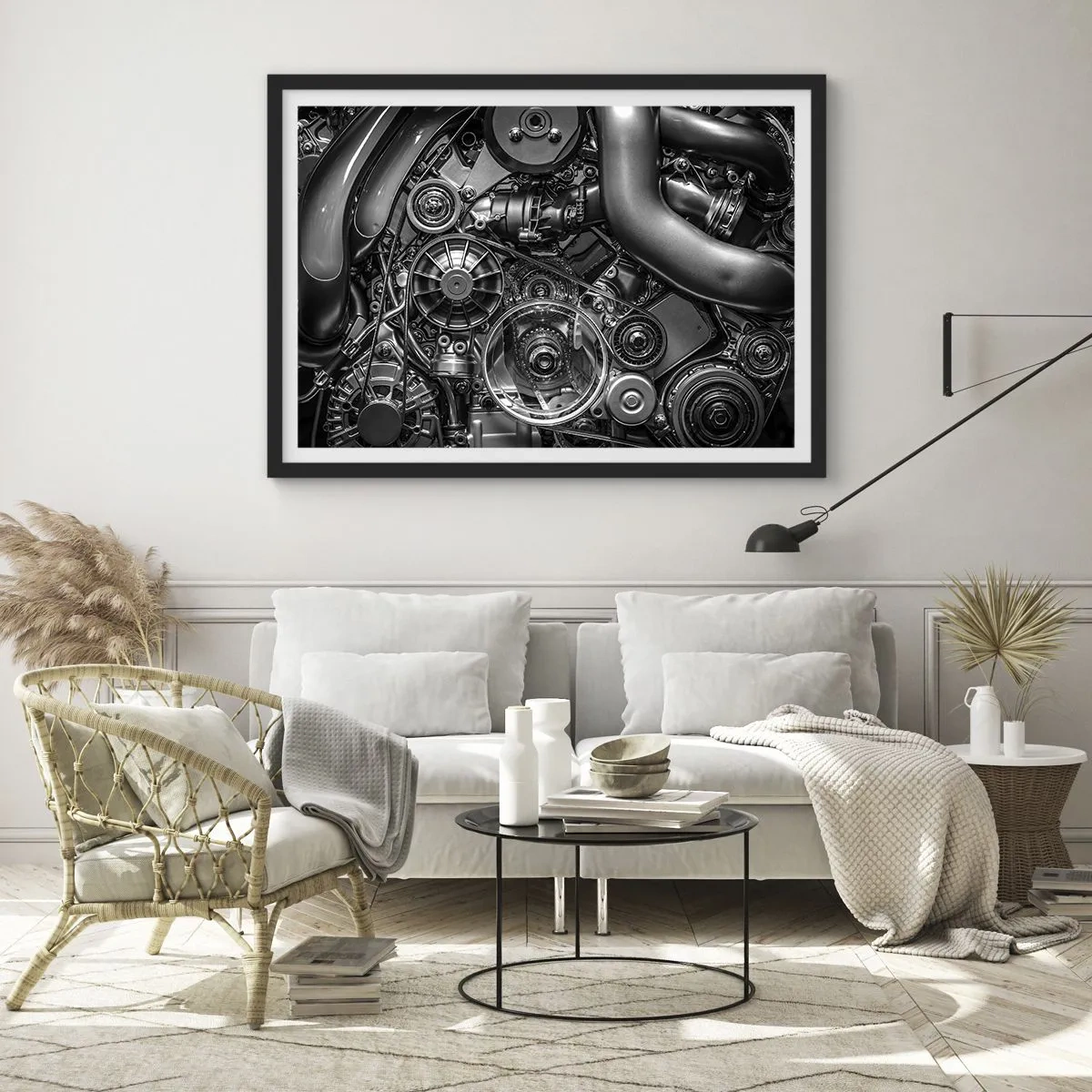 Affiche dans un cadre noir - Poster - Gros plan noir et blanc des détails mécaniques d'un moteur de voiture. - 70x50cm - Poésie mécanique - Décoration murale moderne pour le salon et la chambre ARTTOR