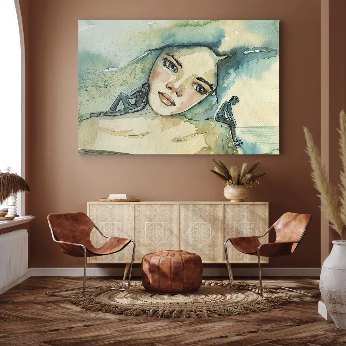 Impression sur toile - Image sur toile - Aquarelle d'un visage de femme avec un motif réfléchissant - 70x50cm - Suis-je bleu? - Décoration murale moderne pour le salon et la chambre ARTTOR