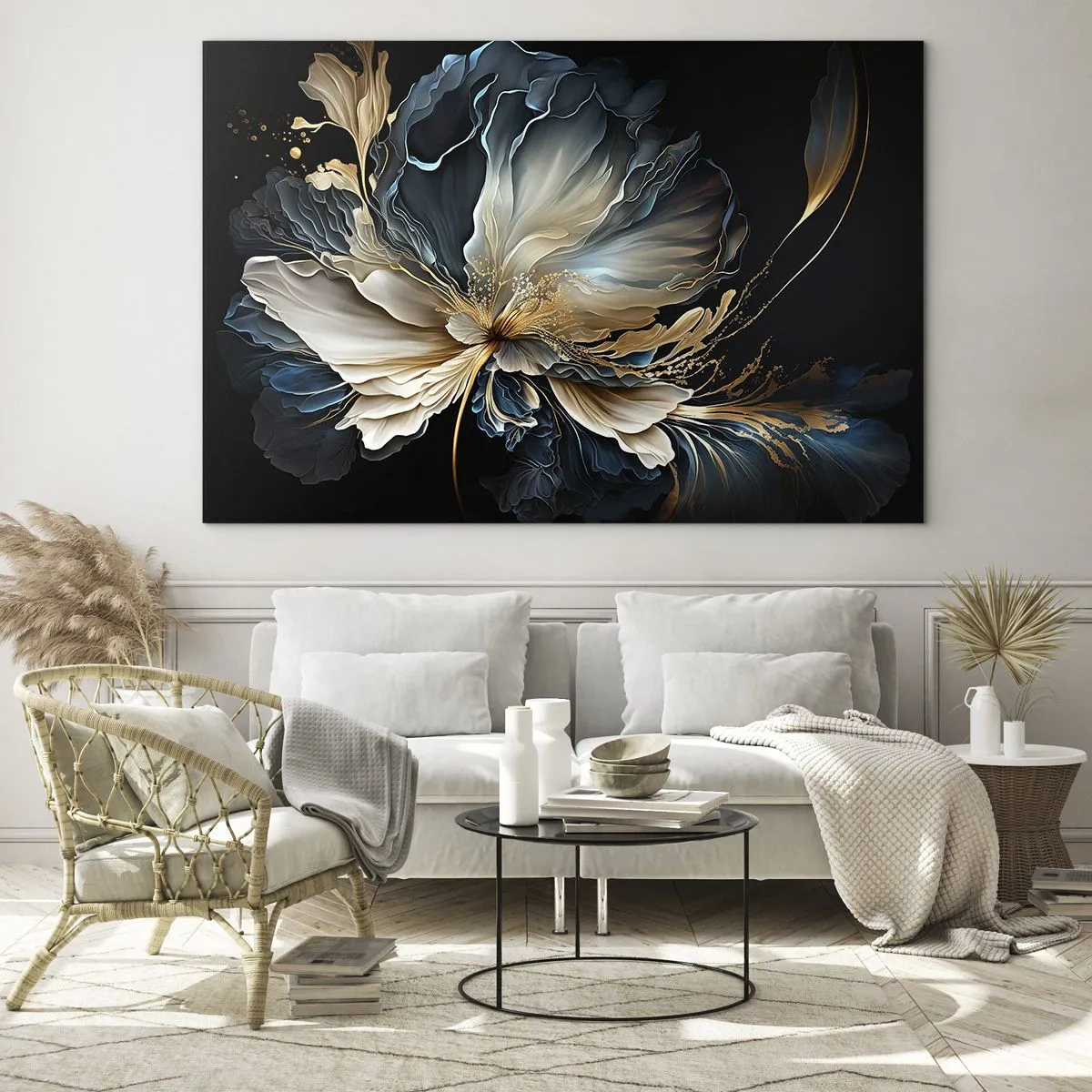 Impression sur verre - Image sur verre - Une fleur fantaisie dans des tons d'or, bleu marine et beige sur noir - 70x50cm - Fleur de fougère de conte de fées - Décoration murale moderne pour le salon et la chambre ARTTOR