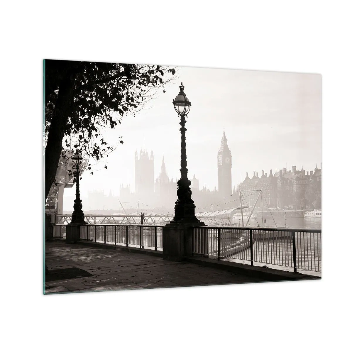 Impression sur verre - Image sur verre - Photographie en noir et blanc de la promenade de Londres avec Big Ben - 70x50cm - Un matin londonien - Décoration murale moderne pour le salon et la chambre ARTTOR