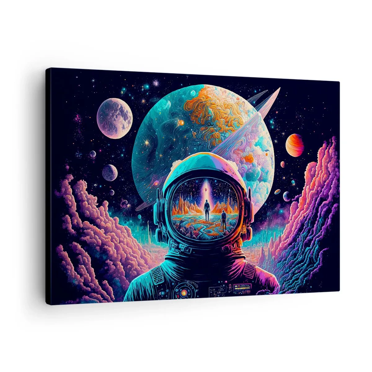 Impression sur toile - Image sur toile - Astronaute dans l'espace avec un paysage planétaire coloré - 70x50cm - Les philosophes n'en ont pas rêvé - Décoration murale moderne pour le salon et la chambre ARTTOR