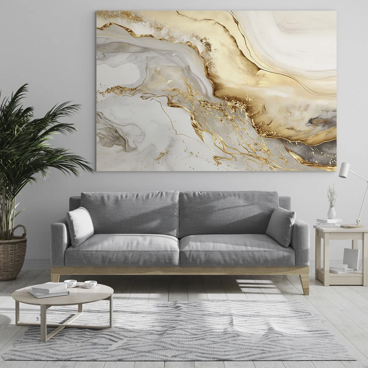 Impression sur verre - Image sur verre - Des stries abstraites dorées et beiges sur un fond clair - 70x50cm - Abstraction : beauté et bonté - Décoration murale moderne pour le salon et la chambre ARTTOR