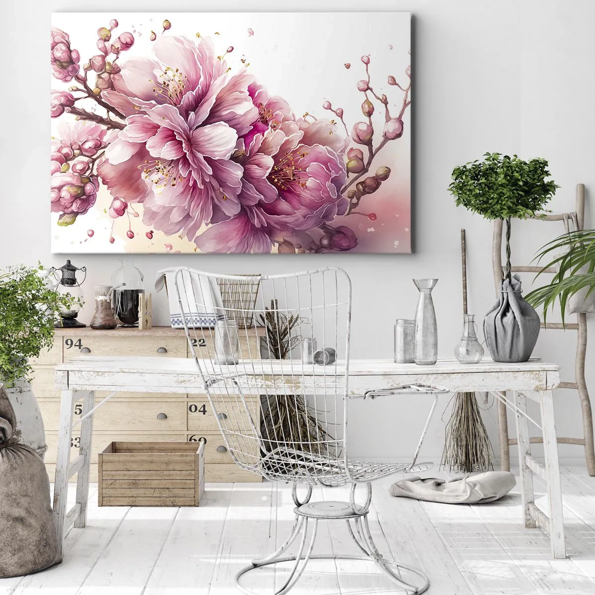Impression sur toile - Image sur toile - De délicates fleurs de cerisier en pleine floraison sur un fond clair - 70x50cm - Fleur florissante de cerisier - Décoration murale moderne pour le salon et la chambre ARTTOR