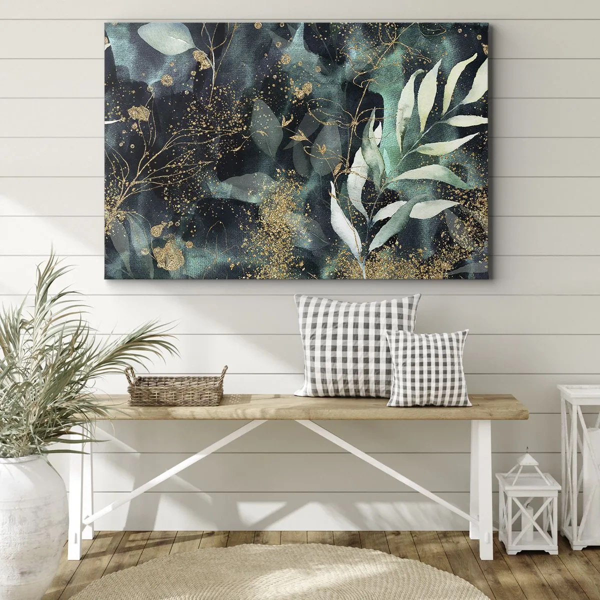 Impression sur toile - Image sur toile - Feuilles élégantes sur un fond sombre avec des accents dorés - 70x50cm - Jardin magique - Décoration murale moderne pour le salon et la chambre ARTTOR