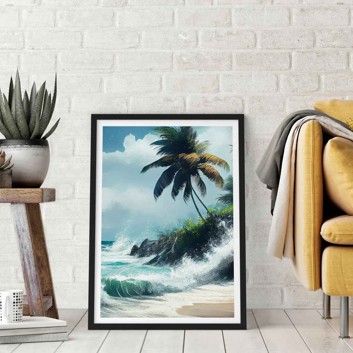 Affiche dans un cadre noir - Poster - Plage tropicale avec palmiers et océan agité - 50x70cm - Sur une côte tropicale - Décoration murale moderne pour le salon et la chambre ARTTOR