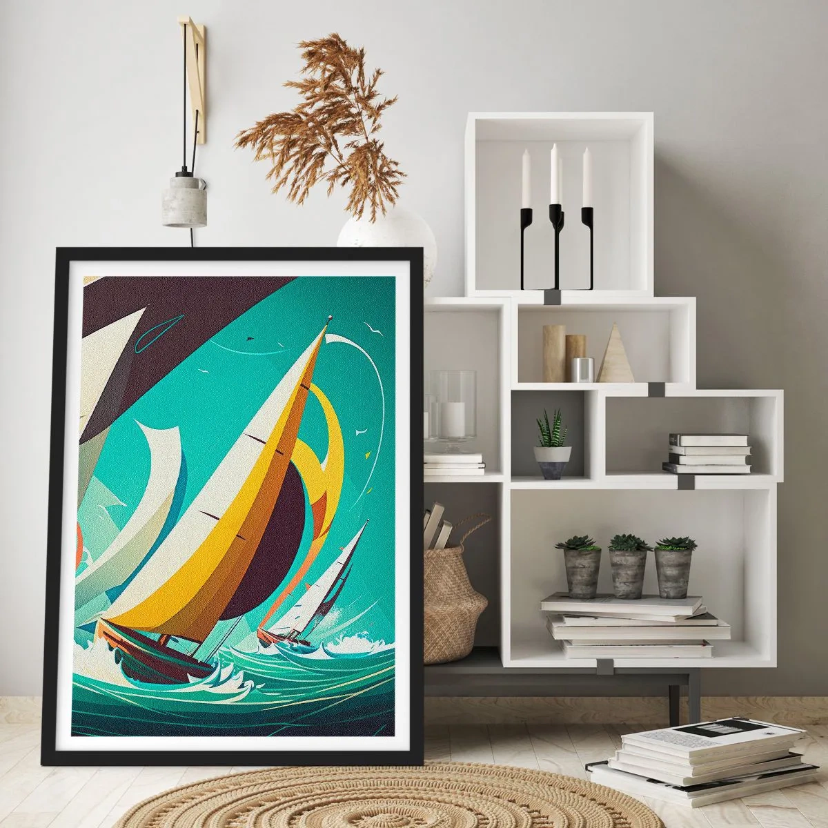 Affiche dans un cadre noir - Poster - Régate de voile abstraite sur une mer agitée - 50x70cm - Bonne chance avec les éléments - Décoration murale moderne pour le salon et la chambre ARTTOR