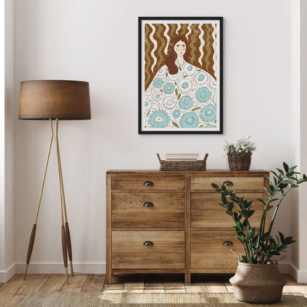 Affiche dans un cadre noir - Poster - Portrait stylisé d'une femme en robe fleurie sur fond de motifs ondulés. - 50x70cm - Portrait en robe fleurie - Décoration murale moderne pour le salon et la chambre ARTTOR