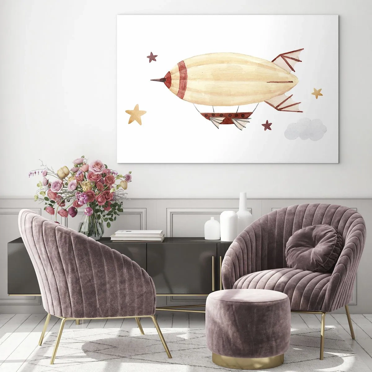 Impression sur verre - Image sur verre - Un dirigeable de dessin animé parmi les étoiles sur fond blanc - 70x50cm - Dirigeable - Décoration murale moderne pour le salon et la chambre ARTTOR