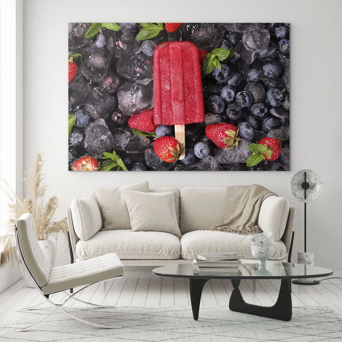 Impression sur verre - Image sur verre - Un bâton de glace parmi des fruits congelés et des feuilles de menthe - 70x50cm - Le goût d’un été chaud - Décoration murale moderne pour le salon et la chambre ARTTOR