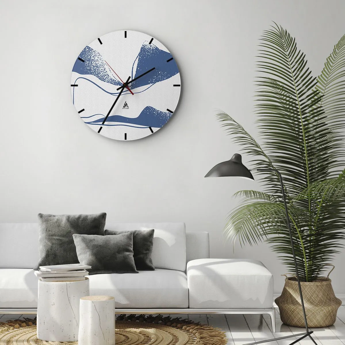 Horloge murale - Pendule murale - Abstraction graphique avec des ailes bleues sur fond blanc - 30x30cm - Abstraction ailée - Décoration murale moderne pour le salon, la cuisine et la chambre ARTTOR