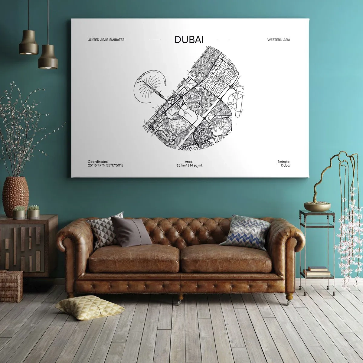Impression sur toile - Image sur toile - Une carte minimaliste en noir et blanc de Dubaï avec des marquages de localisation. - 70x50cm - Anatomie de Dubaï - Décoration murale moderne pour le salon et la chambre ARTTOR