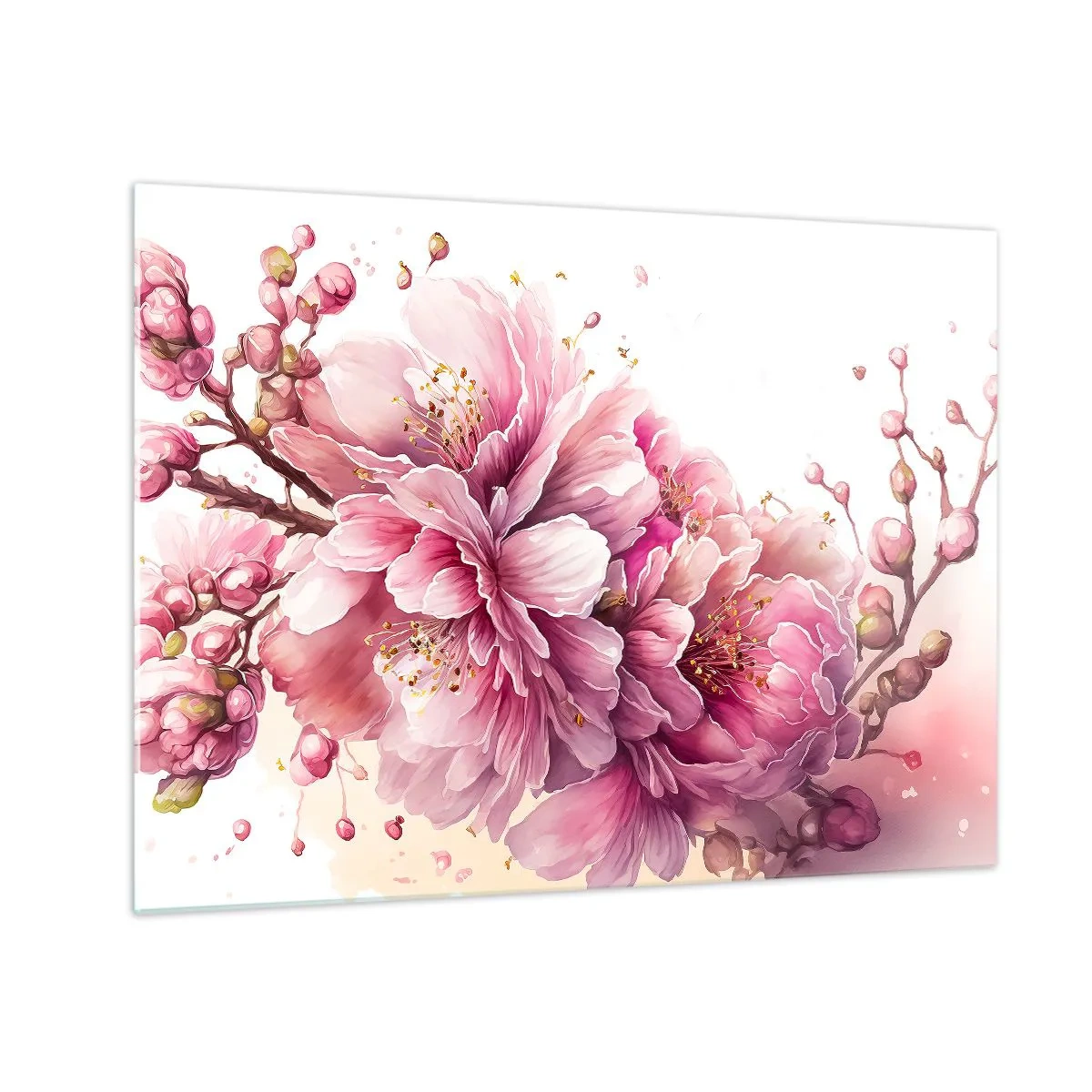 Impression sur verre - Image sur verre - Fleurs de cerisier roses en pleine floraison sur un fond clair - 70x50cm - Fleur florissante de cerisier - Décoration murale moderne pour le salon et la chambre ARTTOR