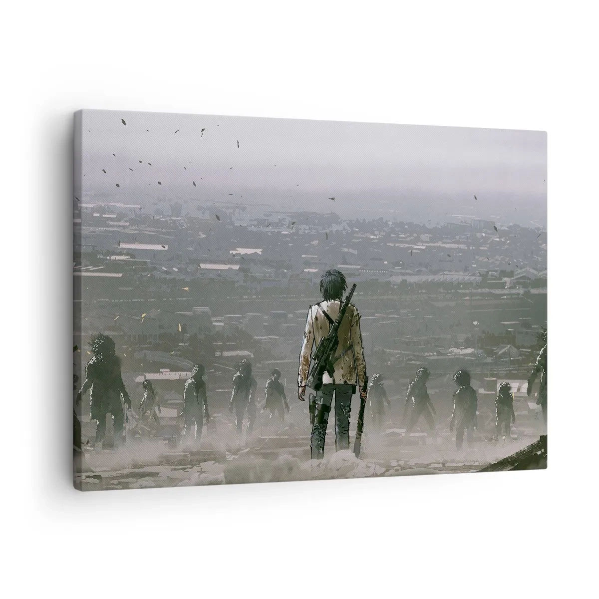 Impression sur toile - Image sur toile - Une silhouette avec une arme se tient devant un groupe dans un paysage dystopique. - 70x50cm - Dernier samaritain ? - Décoration murale moderne pour le salon et la chambre ARTTOR