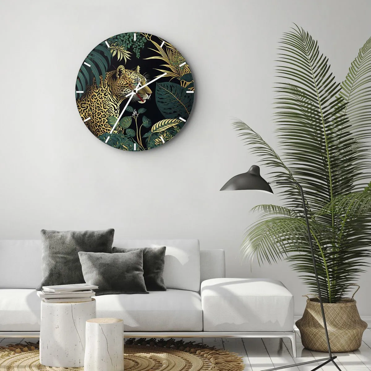 Horloge murale - Pendule murale - Léopard parmi les feuilles tropicales sur fond noir - 30x30cm - Un hôte dans la jungle - Décoration murale moderne pour le salon, la cuisine et la chambre ARTTOR