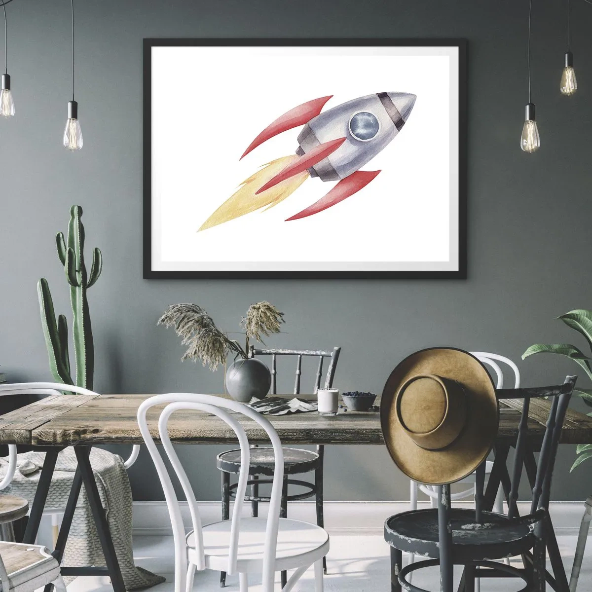 Affiche dans un cadre noir - Poster - Fusée de style aquarelle sur fond blanc - 70x50cm - Plus haut, plus vite, plus loin - Décoration murale moderne pour le salon et la chambre ARTTOR