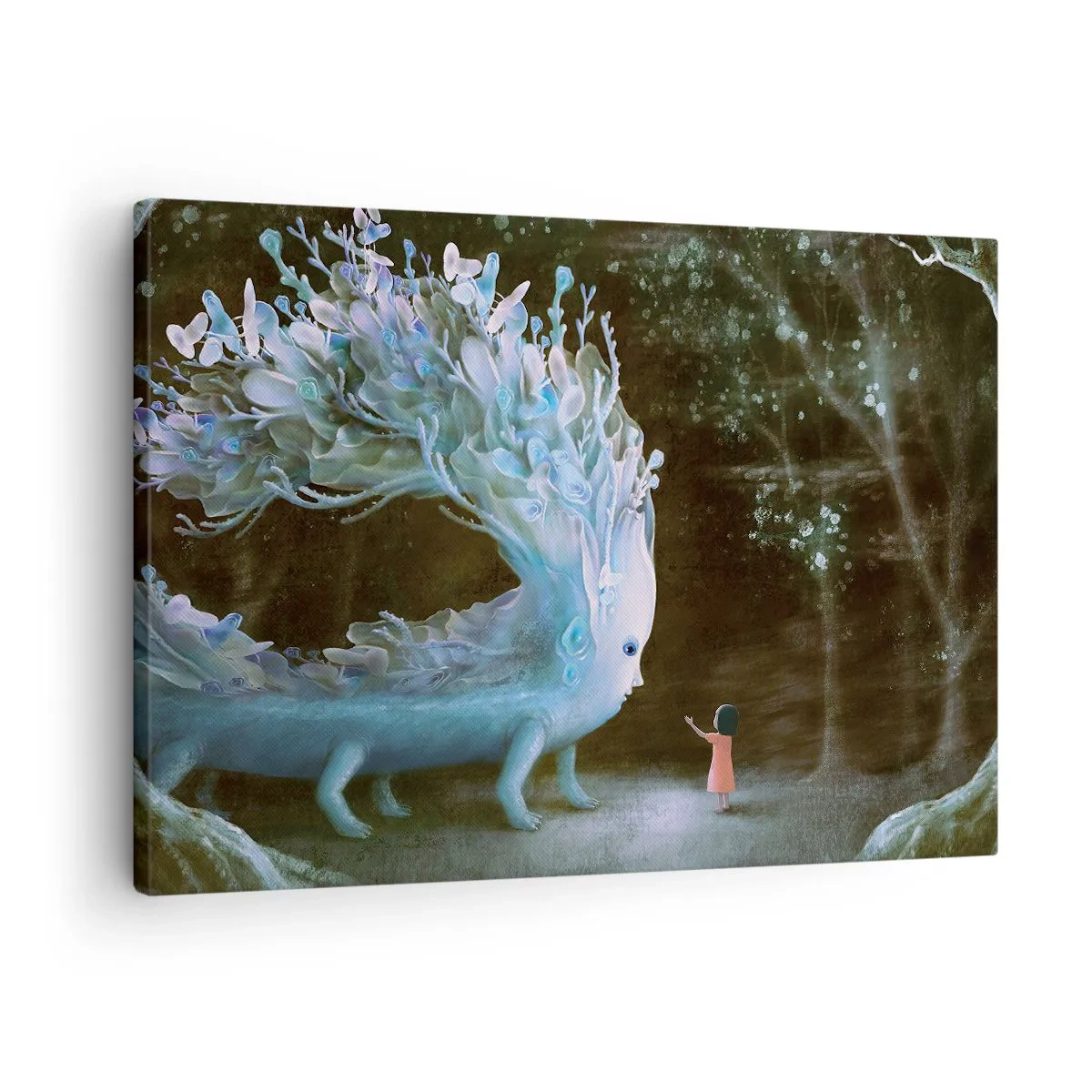 Impression sur toile - Image sur toile - La figure d'une fille face à une créature fantastique - 70x50cm - Une rencontre fantastique - Décoration murale moderne pour le salon et la chambre ARTTOR