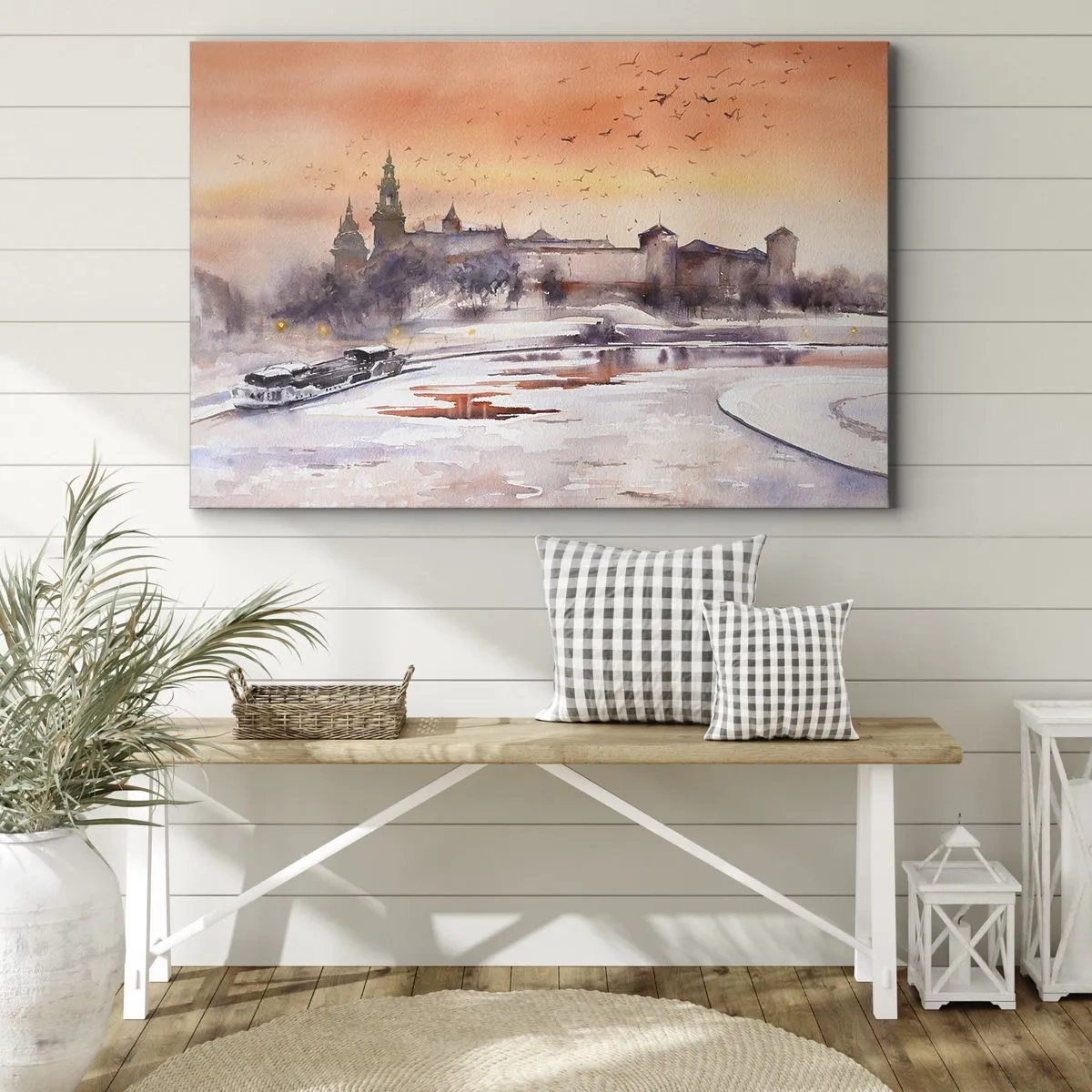Impression sur toile - Image sur toile - Coucher de soleil sur le château dans un paysage hivernal - 70x50cm - Coucher de soleil royal - Décoration murale moderne pour le salon et la chambre ARTTOR