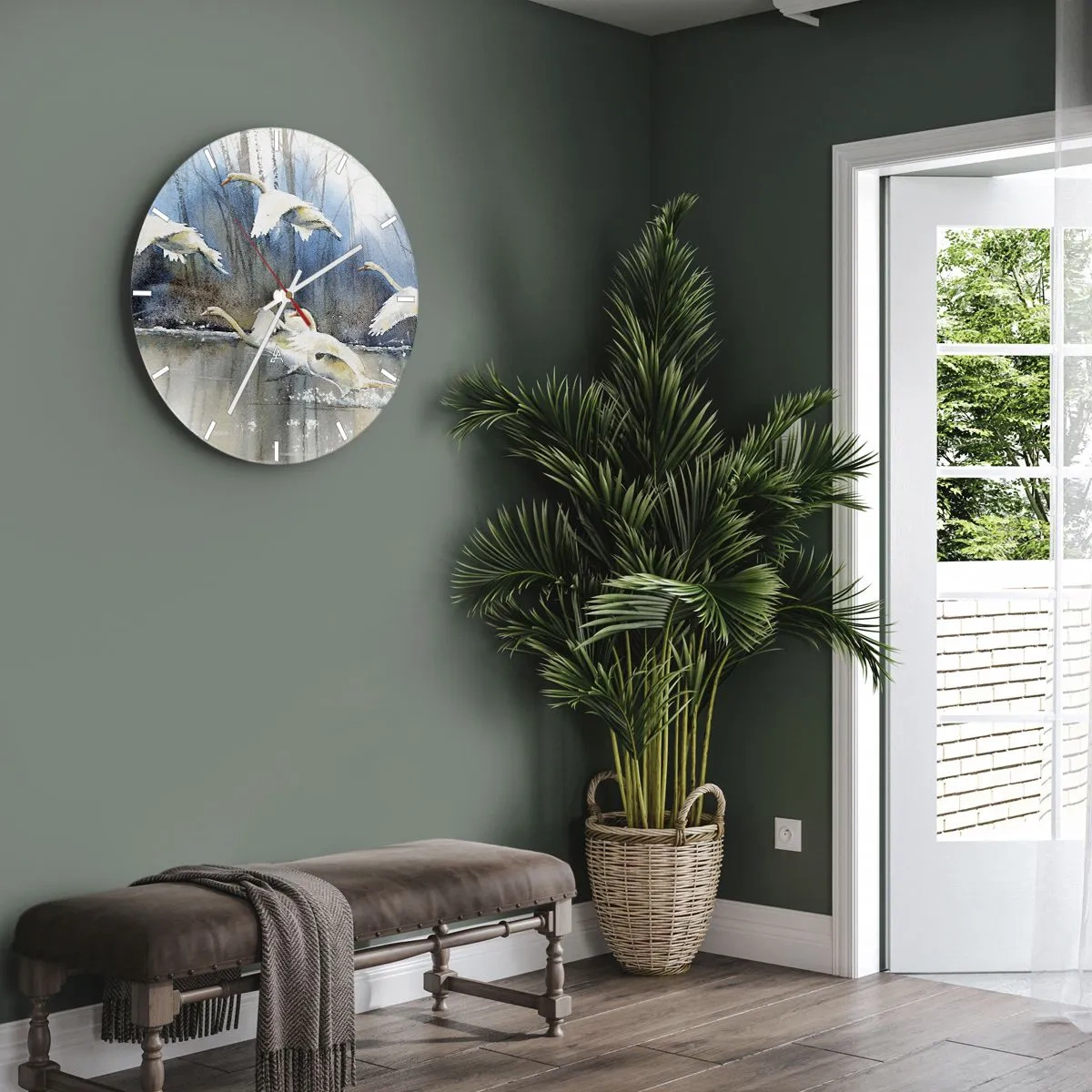 Horloge murale - Pendule murale - Cygnes s'envolant de la surface du lac avec la forêt en arrière-plan - 30x30cm - Comme dans un conte de fées sur les cygnes sauvages - Décoration murale moderne pour le salon, la cuisine et la chambre ARTTOR