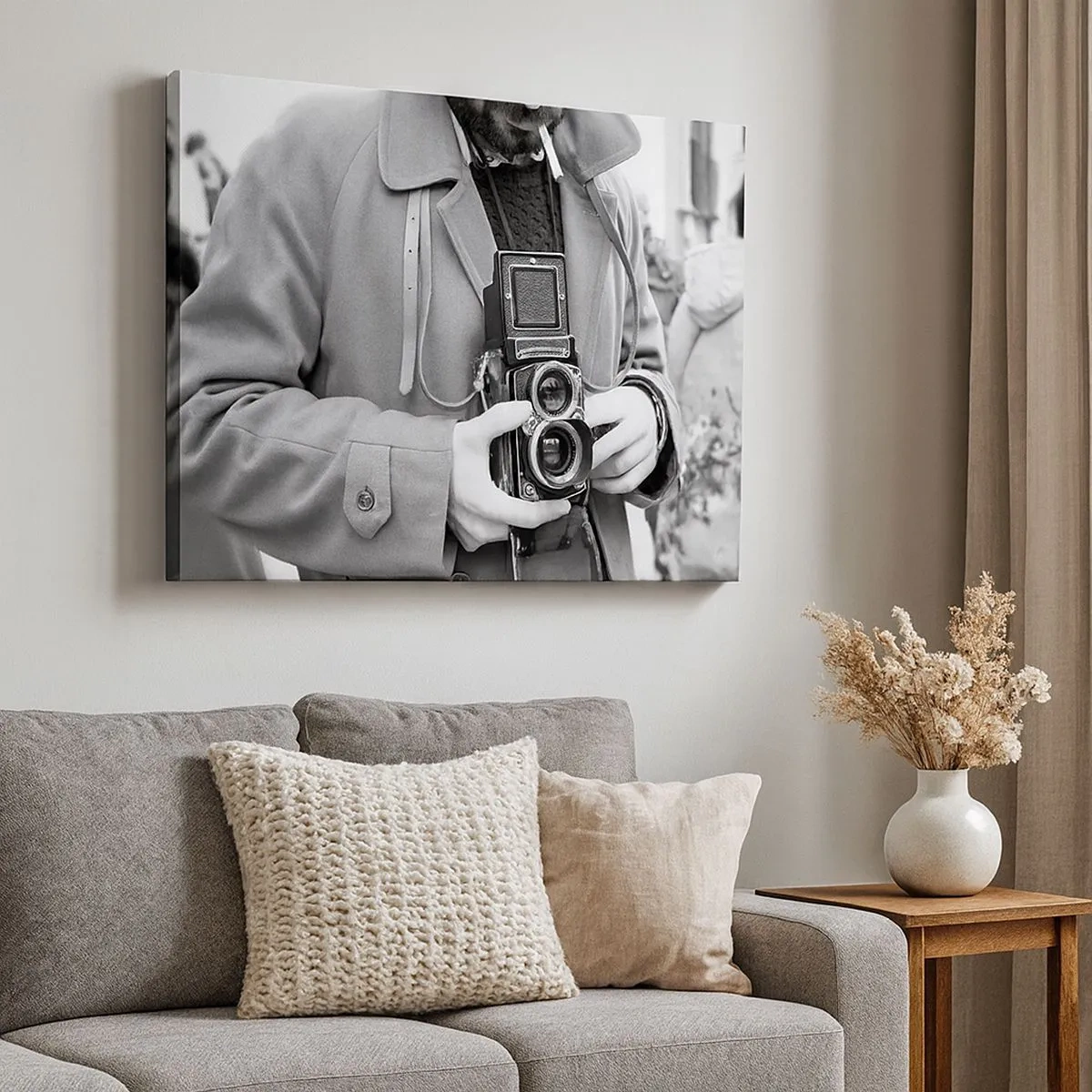 Impression sur toile - Image sur toile - Photo en noir et blanc d'un homme avec un appareil photo rétro - 70x50cm - Dans un style rétro - Décoration murale moderne pour le salon et la chambre ARTTOR