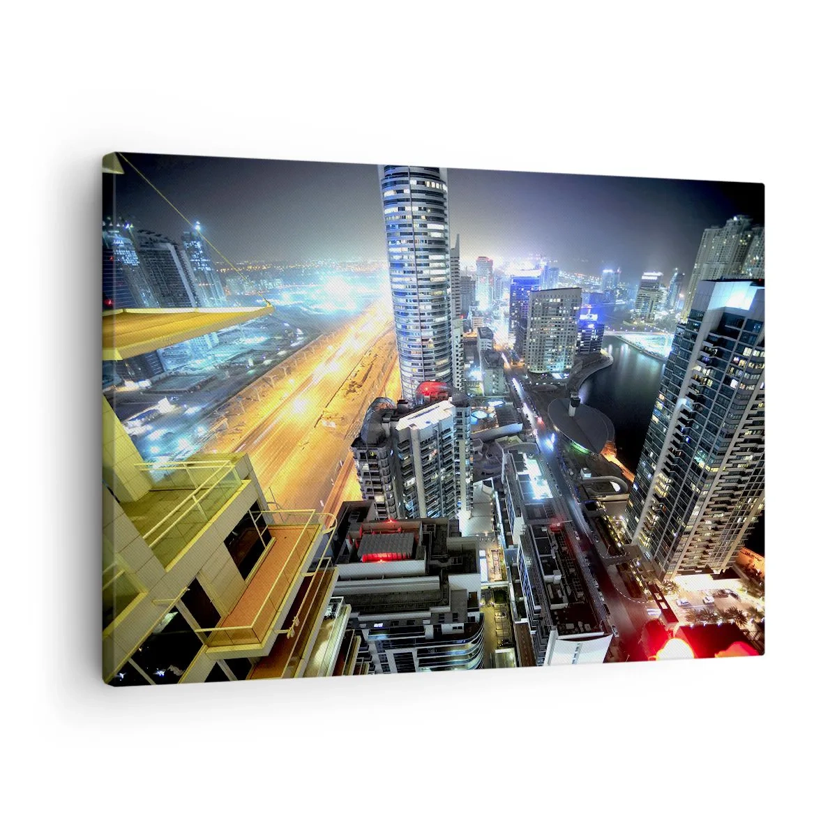 Impression sur toile - Image sur toile - Panorama de la ville nocturne avec des gratte-ciel illuminés - 70x50cm - Un miracle dans le désert - Décoration murale moderne pour le salon et la chambre ARTTOR