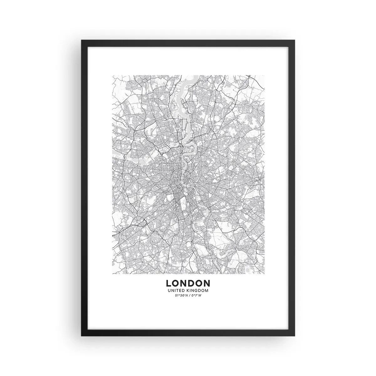 Affiche dans un cadre noir - Poster - Carte de Londres en noir et blanc avec des détails précis des rues - 50x70cm - Carte du labyrinthe londonien - Décoration murale moderne pour le salon et la chambre ARTTOR