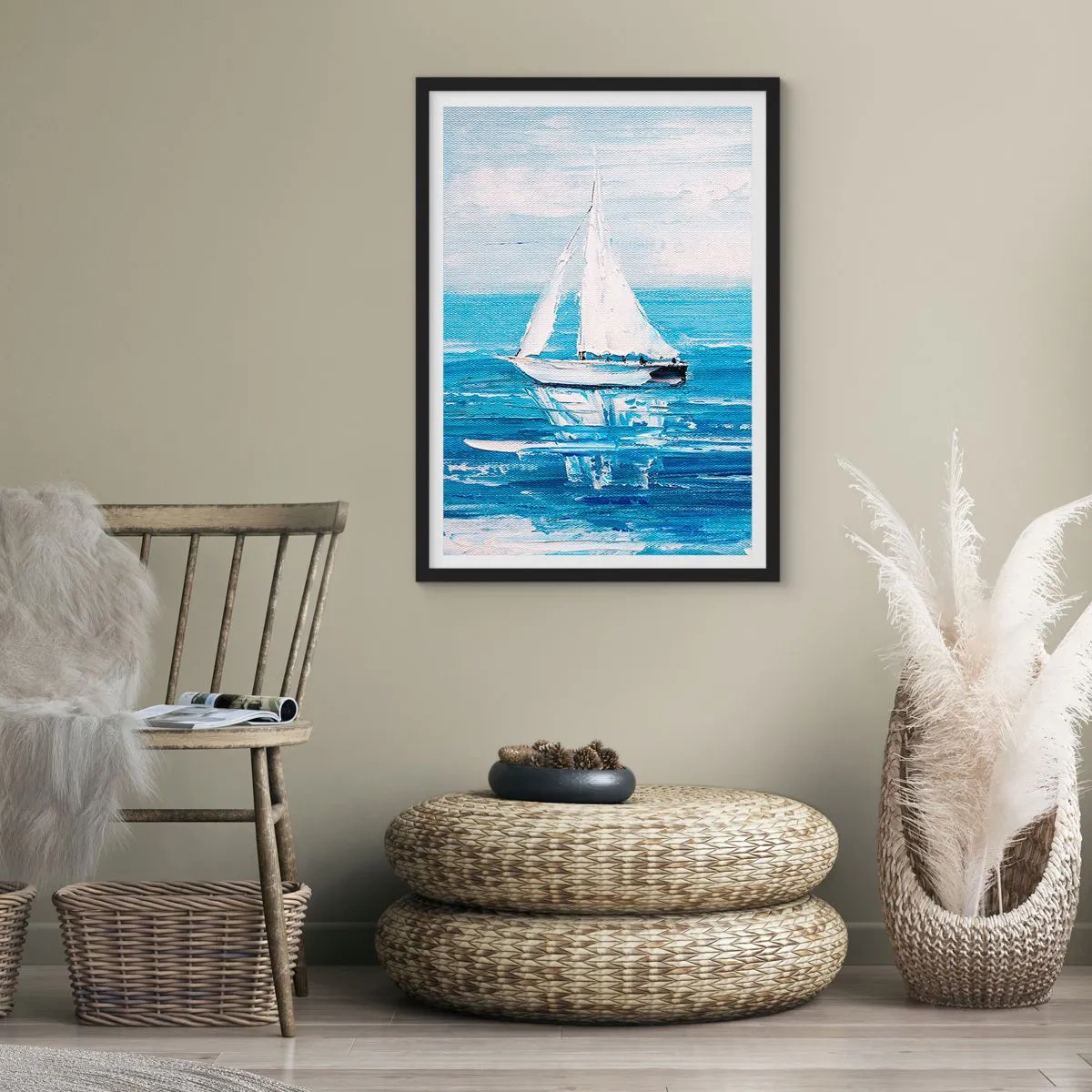 Affiche dans un cadre noir - Poster - Un yacht sur la mer dans des tons de bleu - 50x70cm - Avec un ami à mes côtés - Décoration murale moderne pour le salon et la chambre ARTTOR