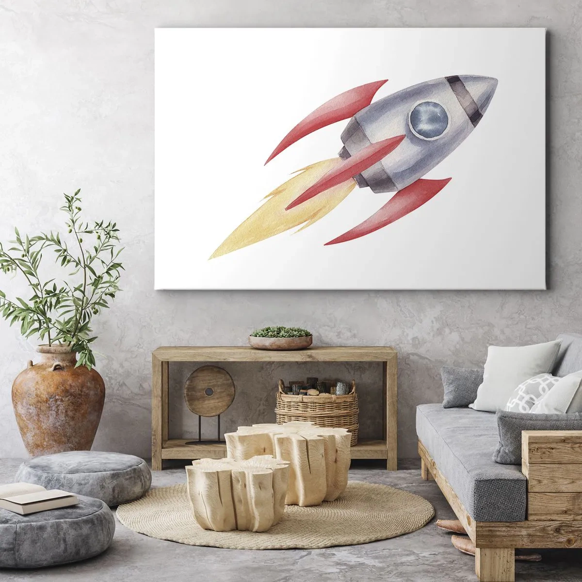 Impression sur toile - Image sur toile - Fusée de style aquarelle sur fond blanc - 70x50cm - Plus haut, plus vite, plus loin - Décoration murale moderne pour le salon et la chambre ARTTOR