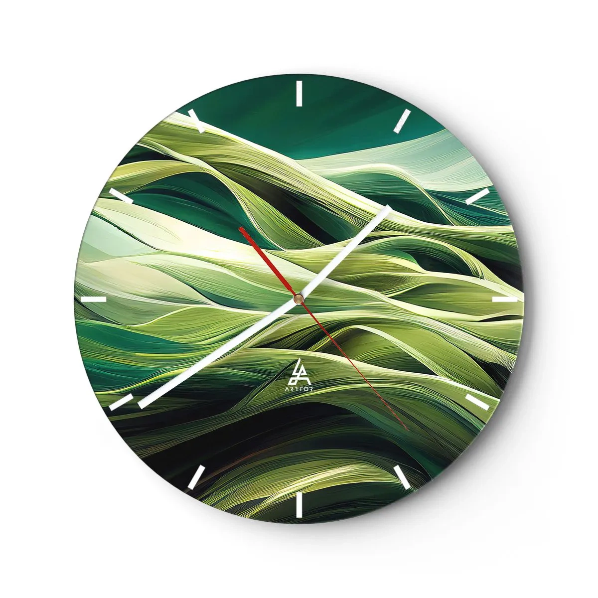 Horloge murale - Pendule murale - Des vagues vertes dans une composition abstraite et dynamique - 30x30cm - Jeu de vert abstrait - Décoration murale moderne pour le salon, la cuisine et la chambre ARTTOR