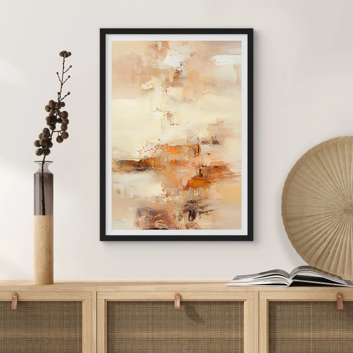 Affiche dans un cadre noir - Poster - Une composition abstraite dans des tons chauds de beige et d'or. - 50x70cm - Âme de l'ambre - Décoration murale moderne pour le salon et la chambre ARTTOR