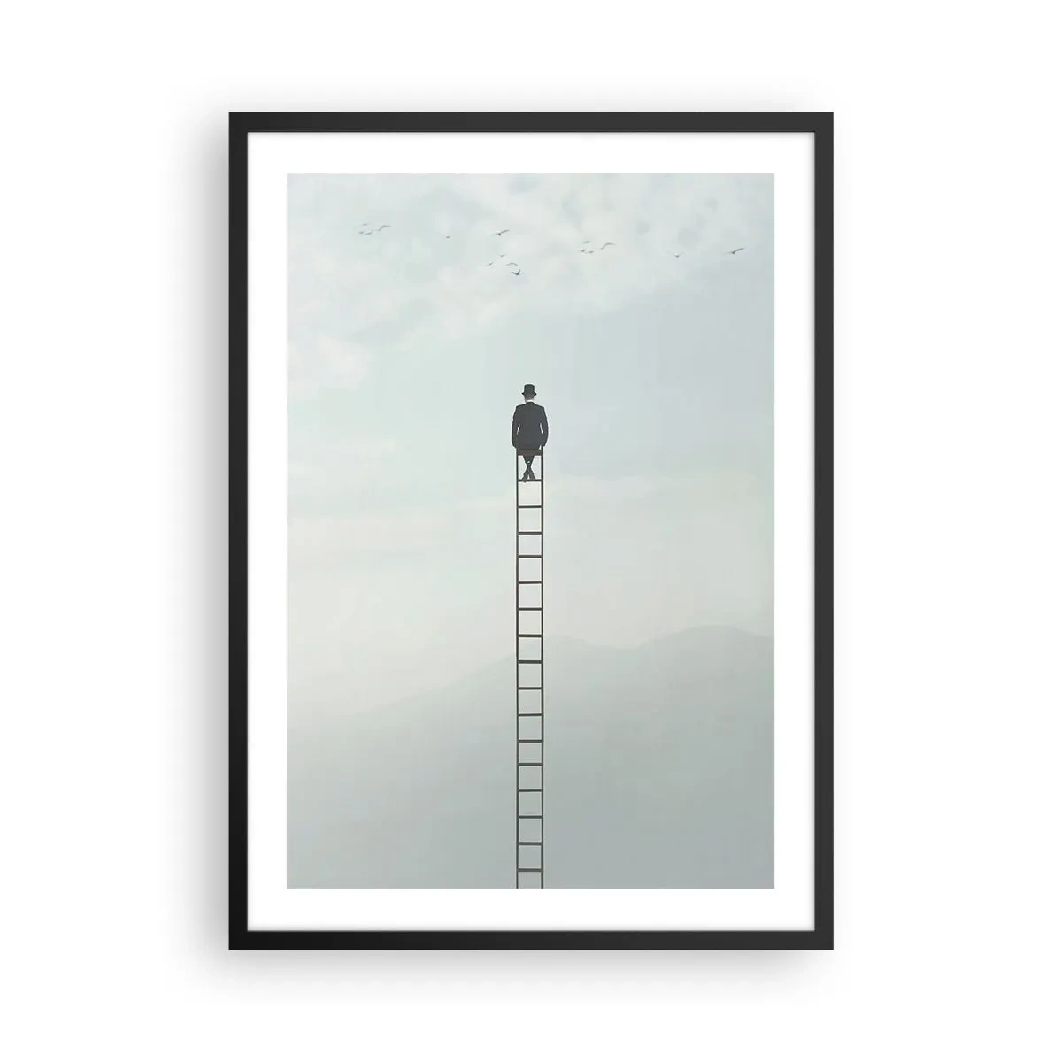 Affiche dans un cadre noir - Poster - Un homme sur une échelle regardant le ciel - 50x70cm - Se soulever au-dessus - Décoration murale moderne pour le salon et la chambre ARTTOR