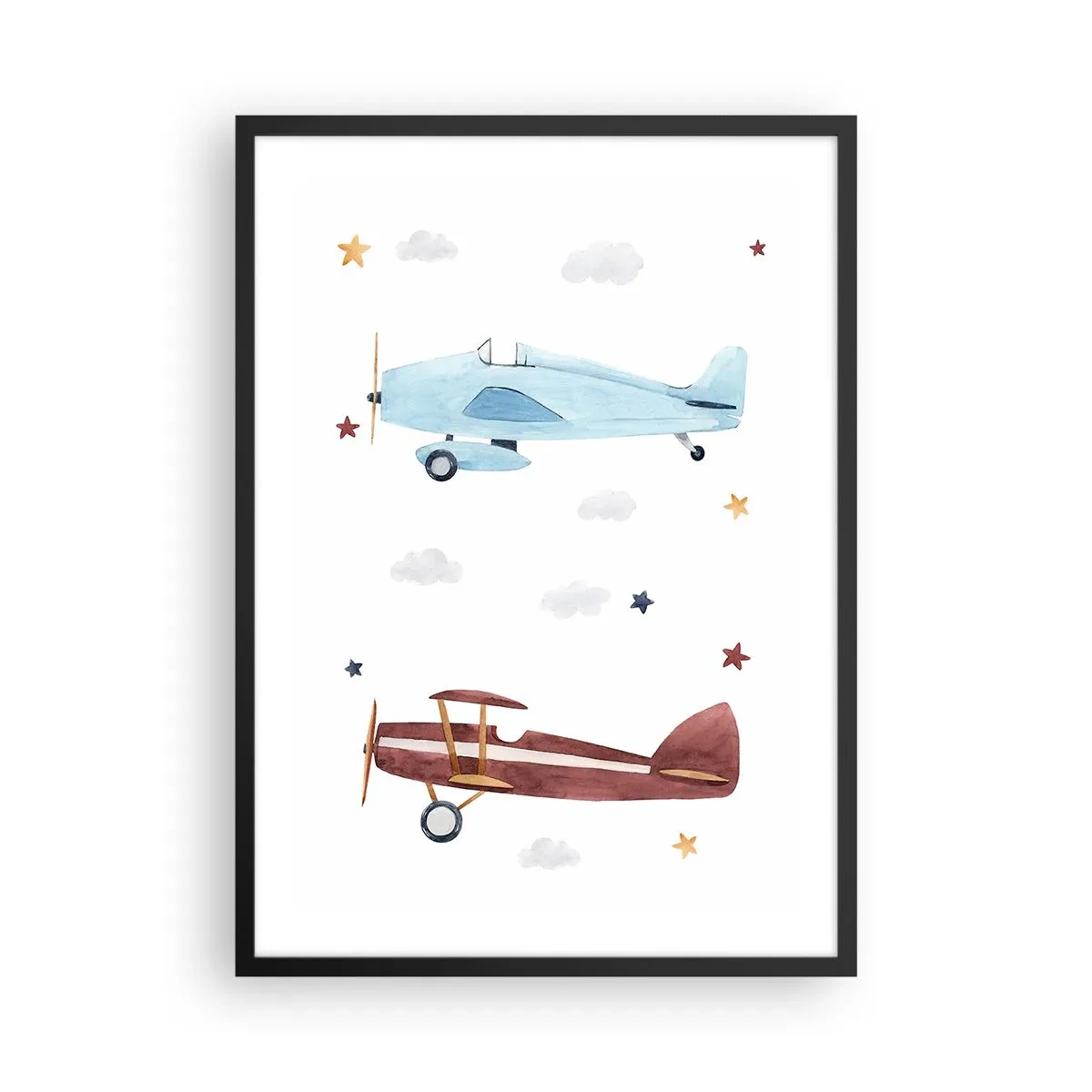 Affiche dans un cadre noir - Poster - Illustrations à l'aquarelle de deux avions flottant parmi les nuages et les étoiles. - 50x70cm - Monsieur le pilote, nous vous attendons ! - Décoration murale moderne pour le salon et la chambre ARTTOR