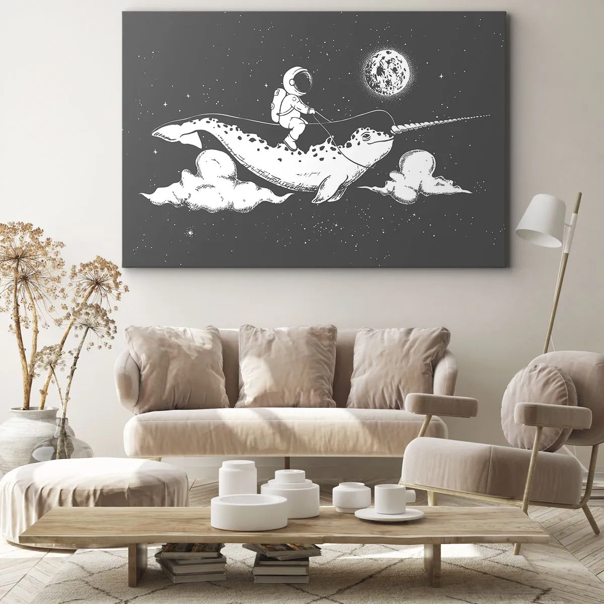 Impression sur toile - Image sur toile - Un astronaute sur le dos d'un narval flottant dans une scène spatiale. - 70x50cm - Cavalier de l'espace - Décoration murale moderne pour le salon et la chambre ARTTOR