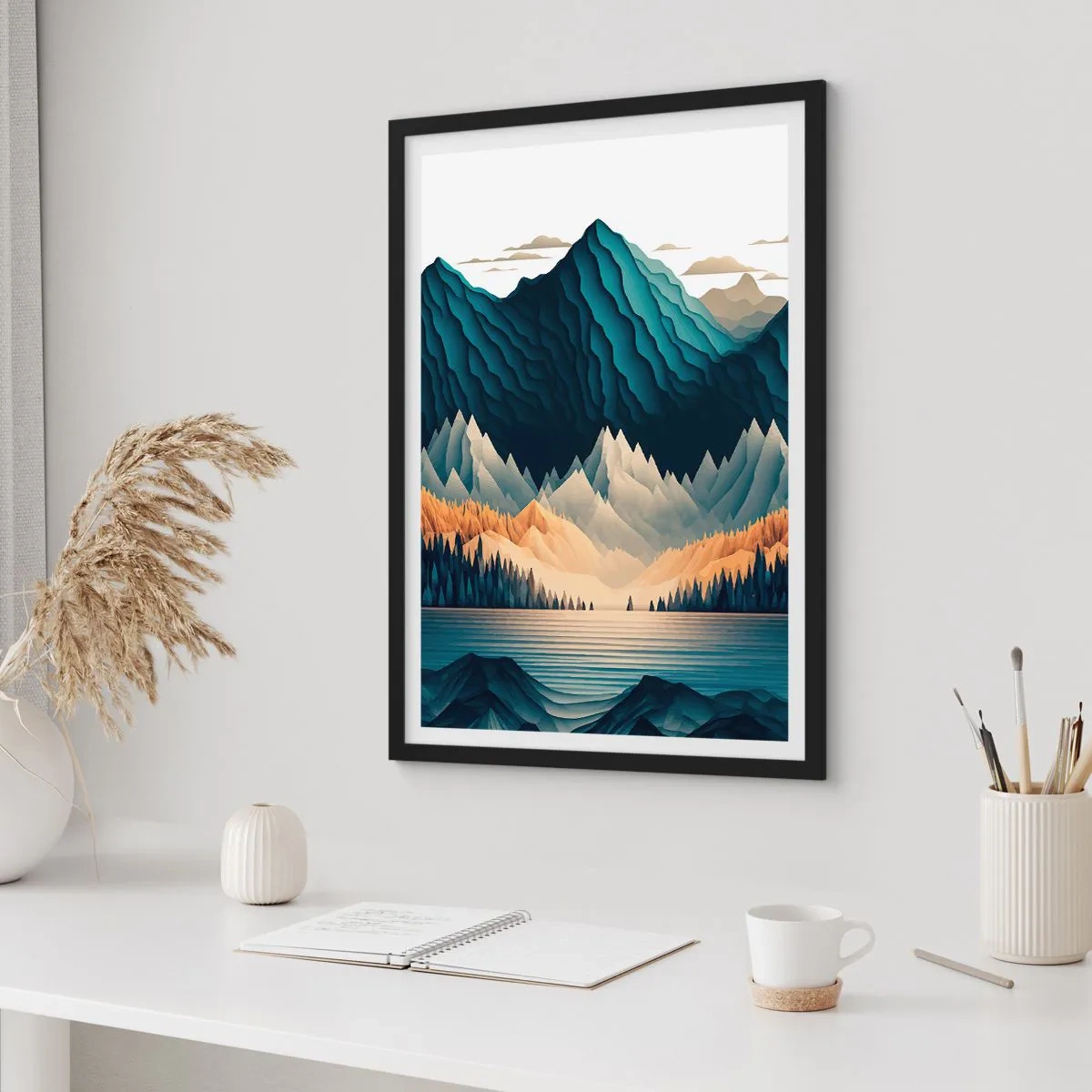 Affiche dans un cadre noir - Poster - Paysage de montagne stylisé avec un lac dans des tons de bleu - 50x70cm - Paysage de montagne parfait - Décoration murale moderne pour le salon et la chambre ARTTOR