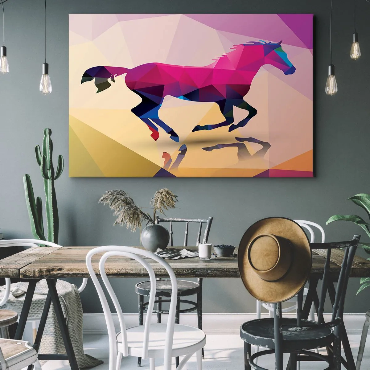 Impression sur toile - Image sur toile - Silhouette géométrique d'un cheval au galop aux couleurs vives - 70x50cm - Le cubisme toujours vivant - Décoration murale moderne pour le salon et la chambre ARTTOR