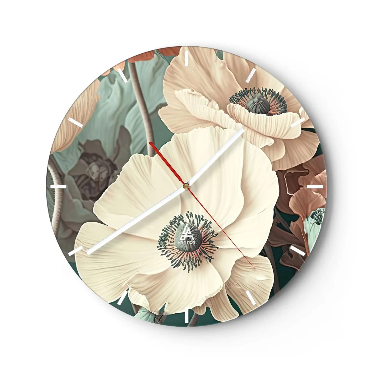 Horloge murale - Pendule murale - Fleurs de pavot crème sur fond de feuilles dans une palette pastel douce - 30x30cm - Le murmure des coquelicots - Décoration murale moderne pour le salon, la cuisine et la chambre ARTTOR