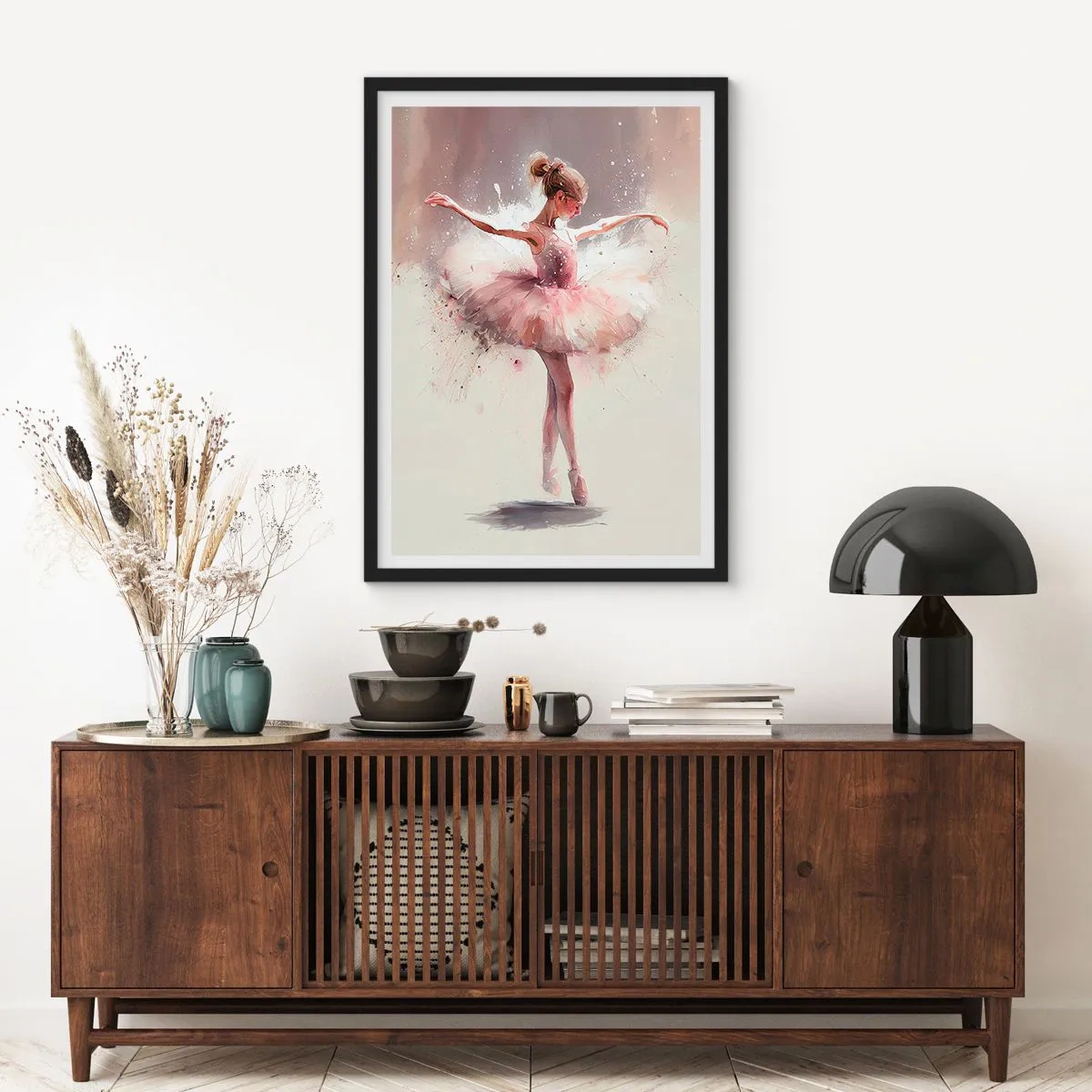Affiche dans un cadre noir - Poster - Ballerine en mouvement artistique - 50x70cm - Comme un jeune oiseau - Décoration murale moderne pour le salon et la chambre ARTTOR