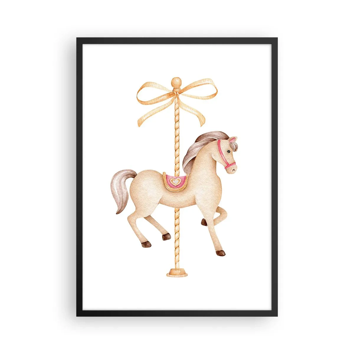 Affiche dans un cadre noir - Poster - Une délicate illustration d'un cheval de carrousel aux pastels - 50x70cm - Un trot gracieux - Décoration murale moderne pour le salon et la chambre ARTTOR