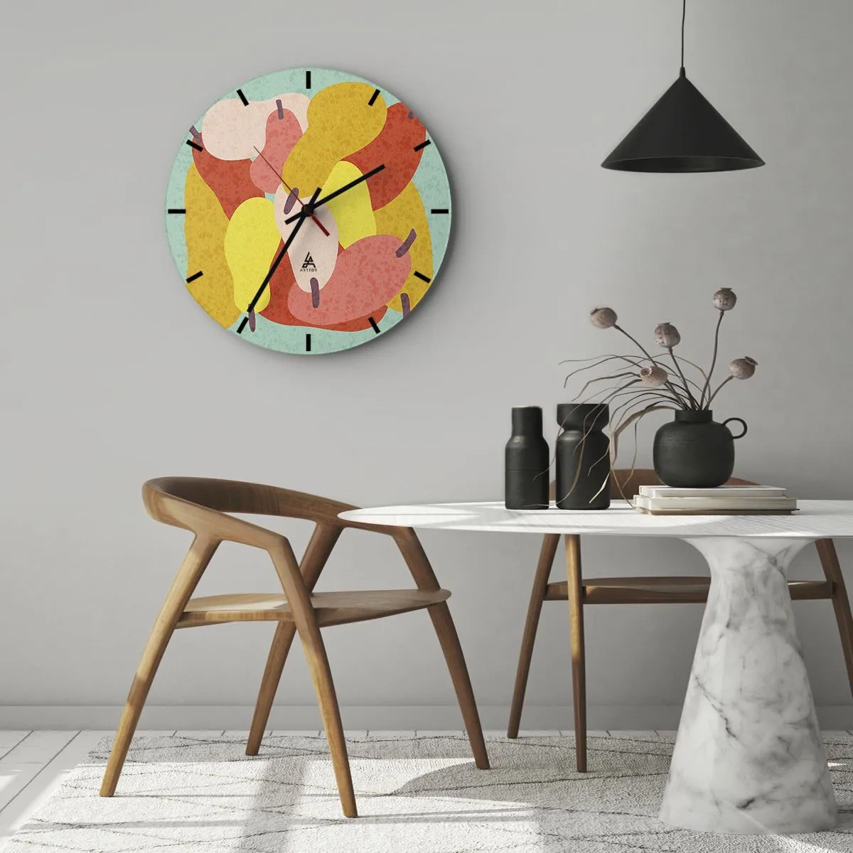 Horloge murale - Pendule murale - Poires colorées dans un style graphique sur fond turquoise - 30x30cm - Essayez le soleil d'été - Décoration murale moderne pour le salon, la cuisine et la chambre ARTTOR