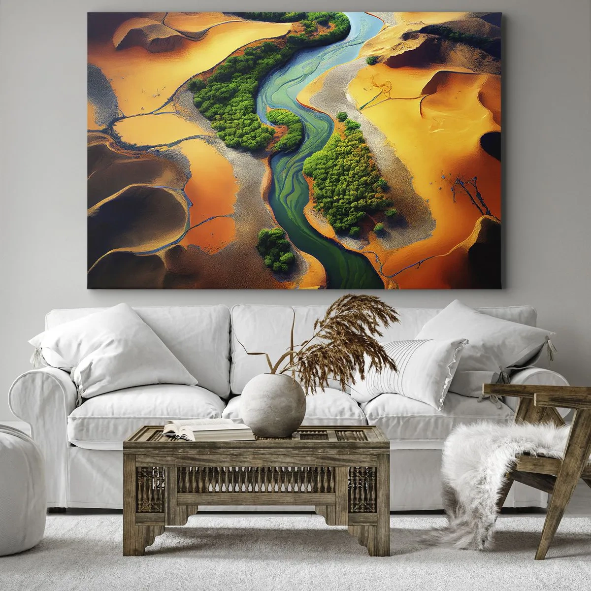 Impression sur toile - Image sur toile - Une rivière verte entourée de sable doré et de végétation - 70x50cm - Rivière vivifiante - Décoration murale moderne pour le salon et la chambre ARTTOR
