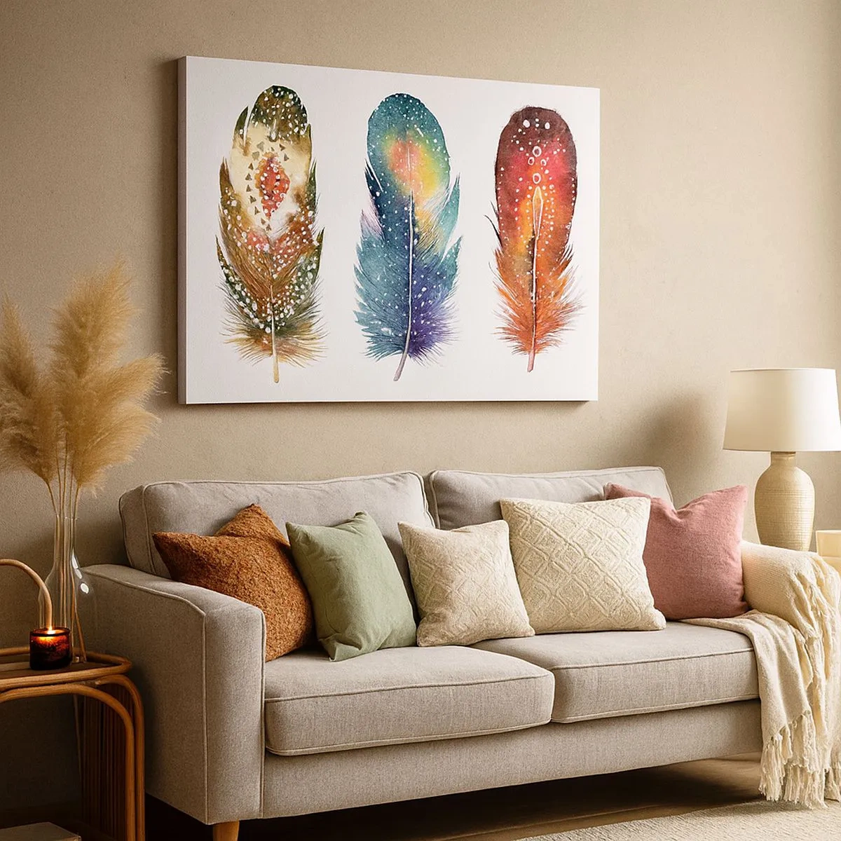Impression sur toile - Image sur toile - Trois plumes colorées avec des motifs artistiques sur un fond clair - 70x50cm - Rituels, cérémonies, secrets - Décoration murale moderne pour le salon et la chambre ARTTOR