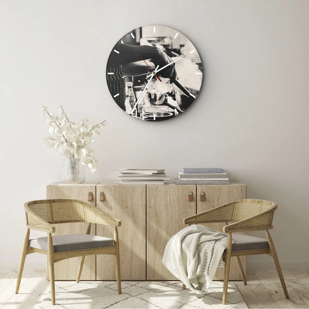 Horloge murale - Pendule murale - Un chef au travail dans la cuisine entouré de vapeur - 30x30cm - Alchimie des saveurs - Décoration murale moderne pour le salon, la cuisine et la chambre ARTTOR