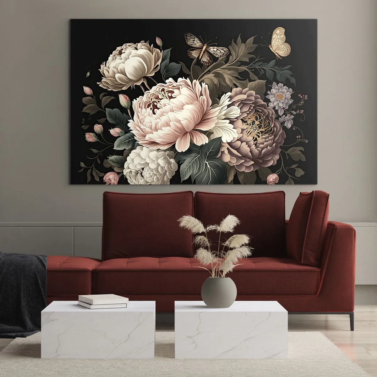 Impression sur verre - Image sur verre - Composition florale avec des papillons sur fond noir - 70x50cm - De style baroque - Décoration murale moderne pour le salon et la chambre ARTTOR