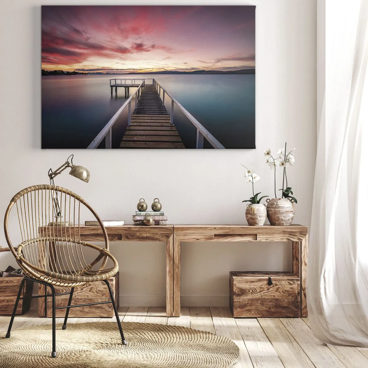 Impression sur toile - Image sur toile - Une jetée menant à un lac tranquille au coucher du soleil - 70x50cm - La douce flamme du soir - Décoration murale moderne pour le salon et la chambre ARTTOR