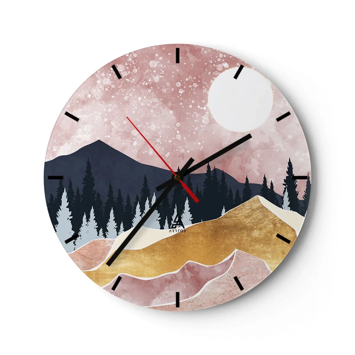 Horloge murale - Pendule murale - Paysage de montagne artistique aux couleurs pastel avec une forêt et la lune. - 30x30cm - Gardien de la nuit - Décoration murale moderne pour le salon, la cuisine et la chambre ARTTOR