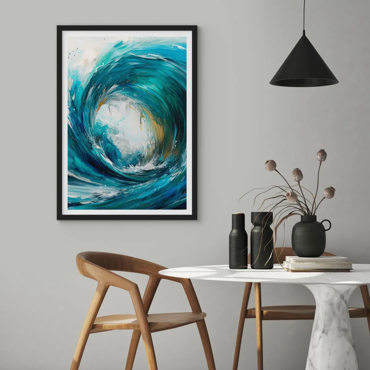 Affiche dans un cadre noir - Poster - Vague abstraite dans les tons turquoise, bleu et blanc - 50x70cm - Portail maritime - Décoration murale moderne pour le salon et la chambre ARTTOR