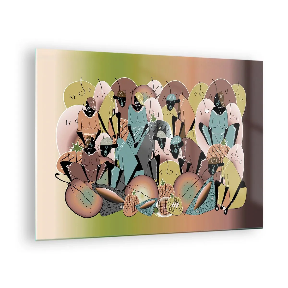 Impression sur verre - Image sur verre - Une illustration abstraite de figures dans des tons de beige, vert et rose. - 70x50cm - De grandes fêtes arrivent - Décoration murale moderne pour le salon et la chambre ARTTOR