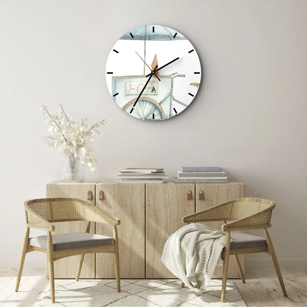 Horloge murale - Pendule murale - Un vélo avec de la glace et des fleurs à l'aquarelle pastel - 30x30cm - Doux souvenir d'été - Décoration murale moderne pour le salon, la cuisine et la chambre ARTTOR