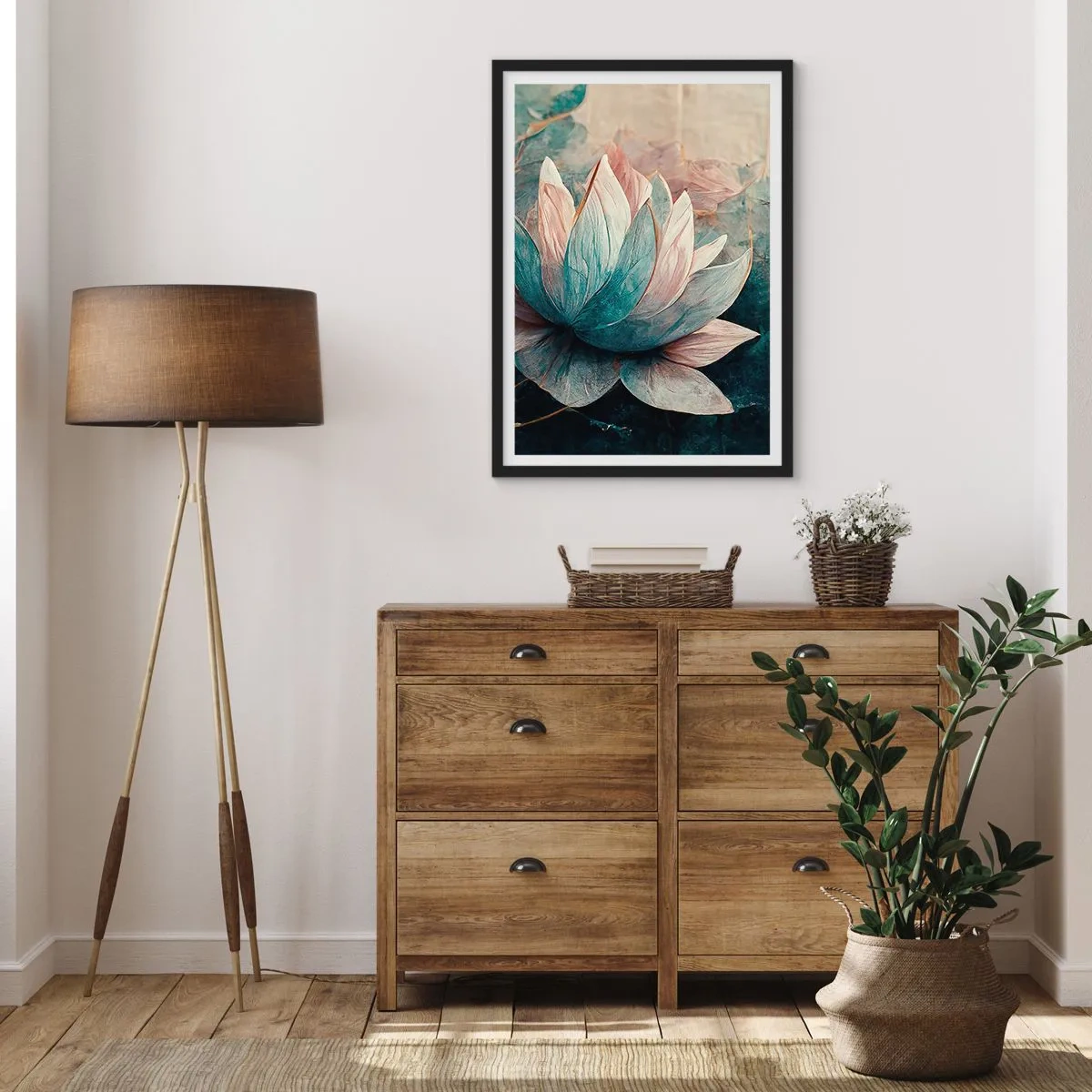 Affiche dans un cadre noir - Poster - Une fleur de lotus délicate avec une aura mystique - 50x70cm - Les étoiles du lac - Décoration murale moderne pour le salon et la chambre ARTTOR